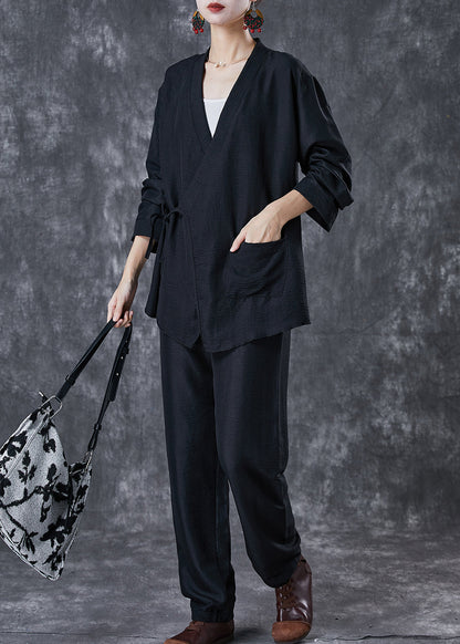 Black Oversized Tie Waist Linen Two Pieces Set Fall