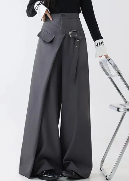Grey False Two Pieces Spandex Fall Wide Leg Pants Pockets