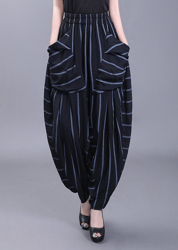Black Pockets Striped High Waist Cotton Harem Pants Fall