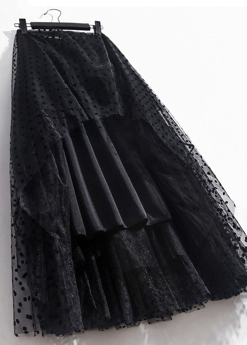 Black Wrinkled Patchwork High Waist Tulle Skirt Spring