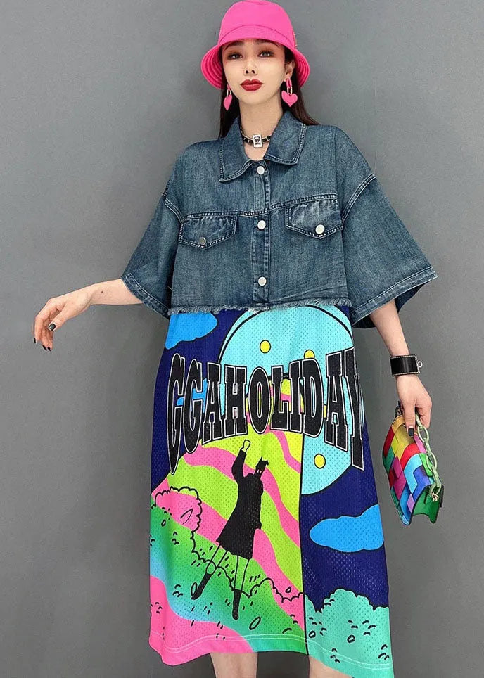 Loose Blue Peter Pan Collar Patchwork Print Cotton Denim Dress Short Sleeve