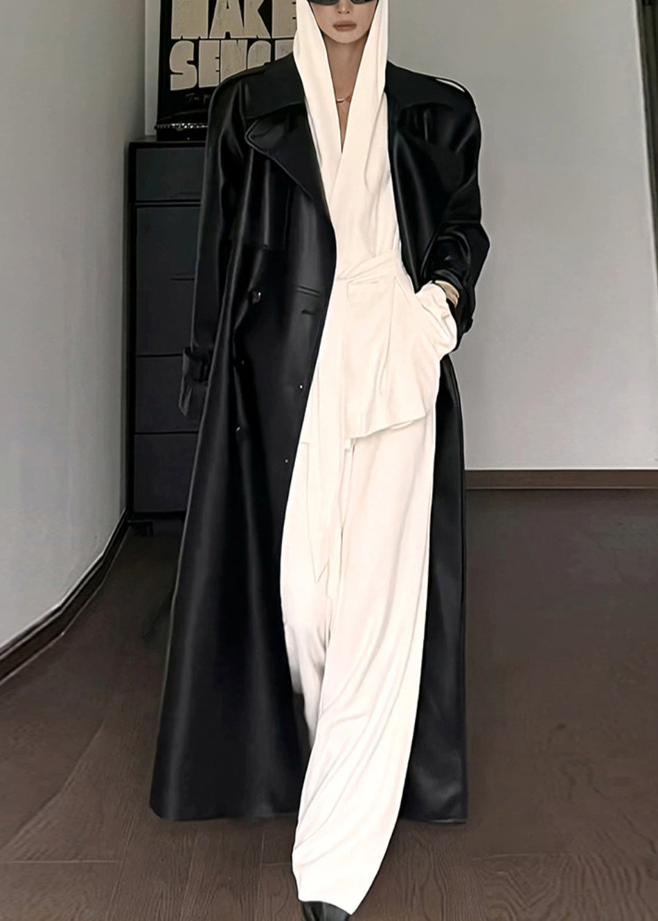 Black Peter Pan Collar Tie Waist Pockets Faux Leather Coat Fall