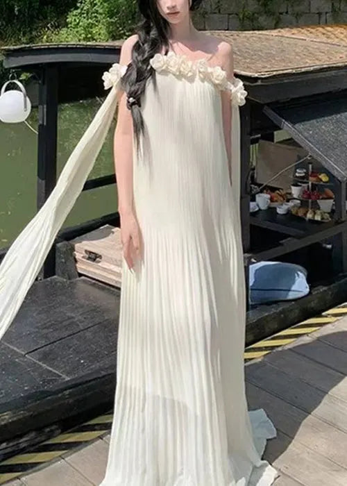 Beige Slash Neck Chiffon Maxi Dresses Summer