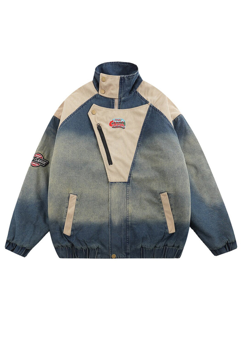 Denim Blue Stand Collar Patchwork Fine Cotton Filled Coats Winter