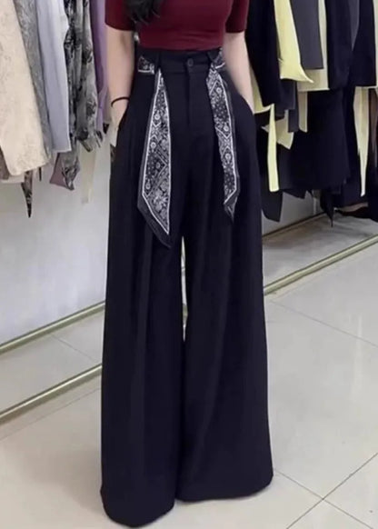 Stylish Black Pockets High Waist Spandex Wide Leg Pants Fall