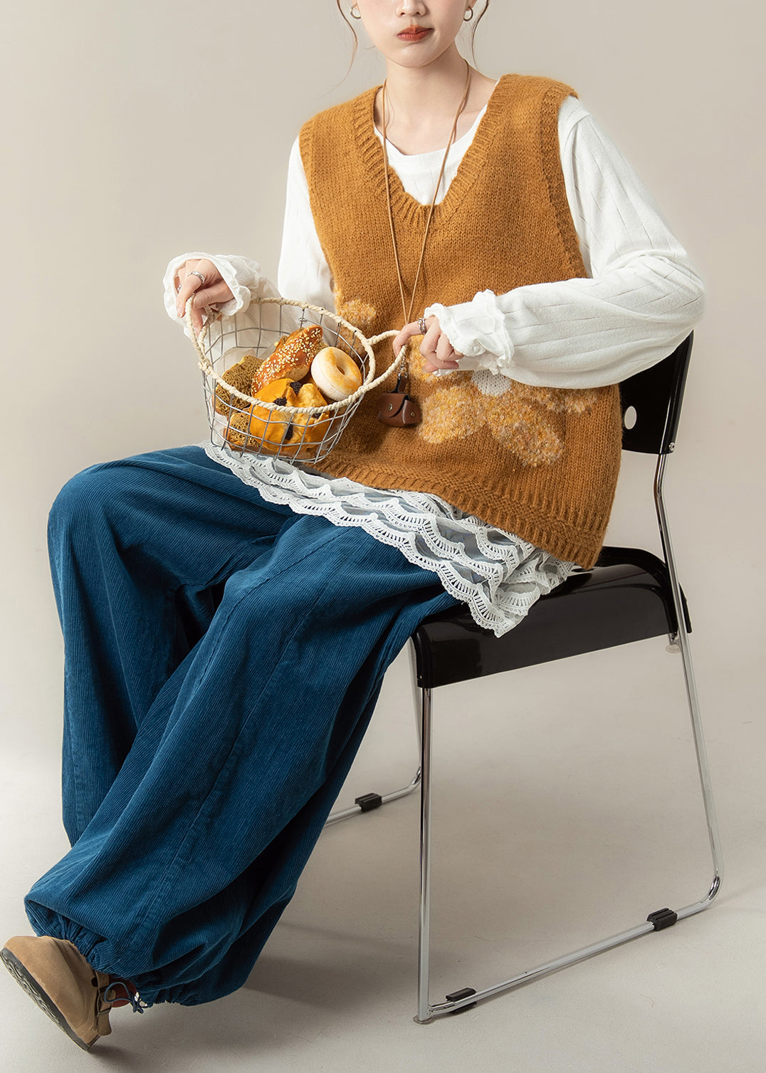 New Yellow V Neck Knit Vest Cotton T Shirt and Corduroy Pants 3 Piece Set Spring