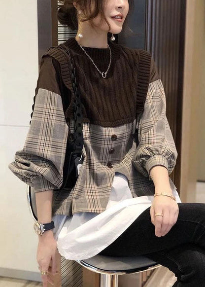 Black Knit Patchwork Plaid Fall Long Sleeve Shirt