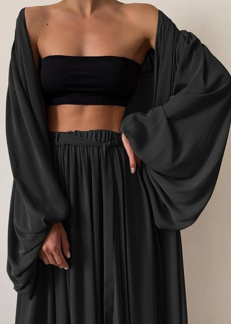 Khaki Oversized Chiffon Three Pieces Set Lantern Sleeve