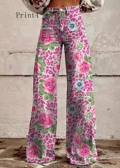 Print Pockets Loose Denim Wide Leg Pants High Waist Spring