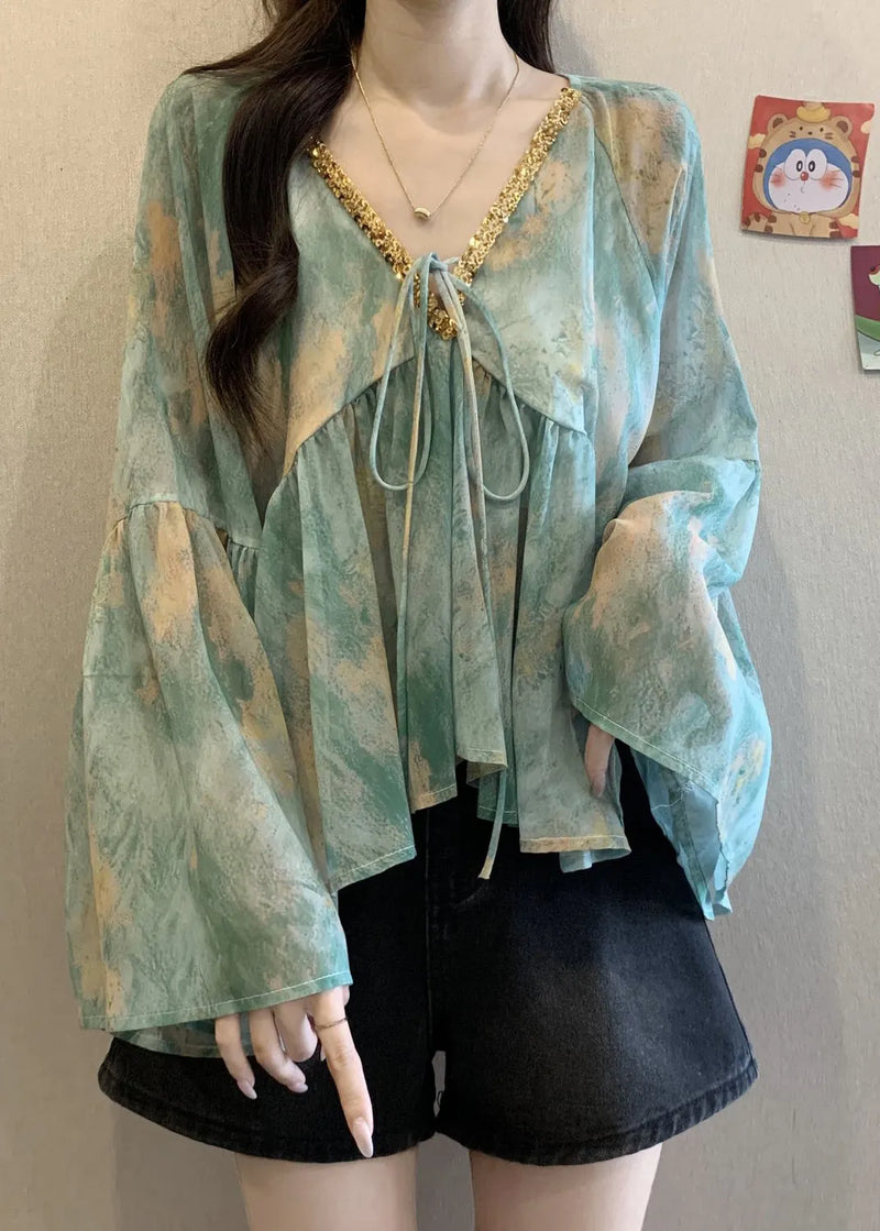 Loose Green V Neck Patchwork Chiffon Shirt Fall