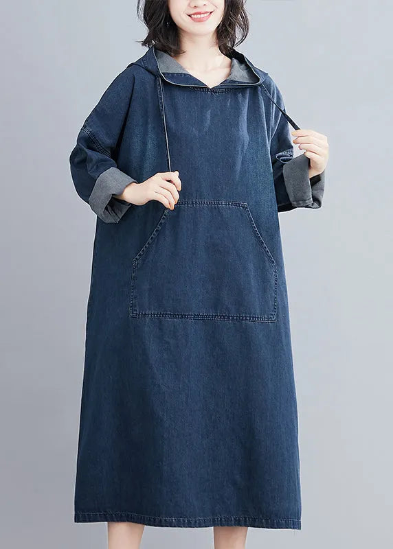 Denim Blue Hooded Pockets Denim Long Dress Spring