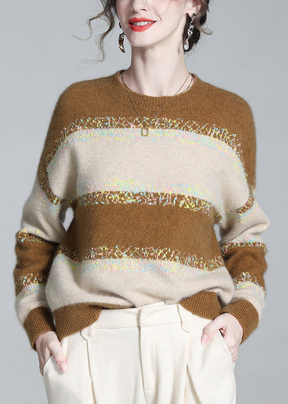 Yellow O Neck Striped Cashmere Knit Sweaters Winter