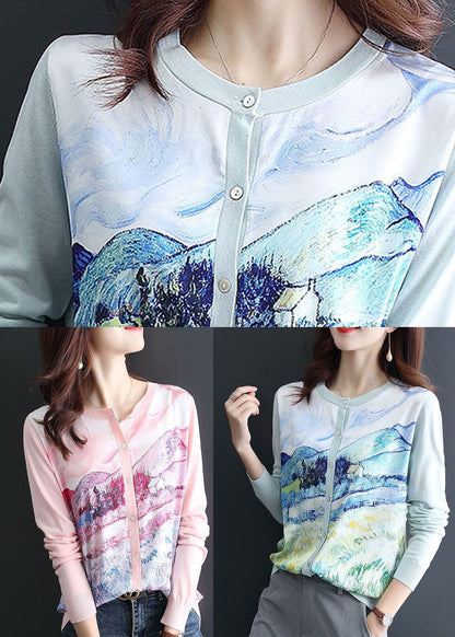 Pink O-neck Patchwork Knit Cardigan Spring