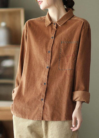 Style Red Retro Peter Pan Collar Button Fall Corduroy Long Sleeve Tops