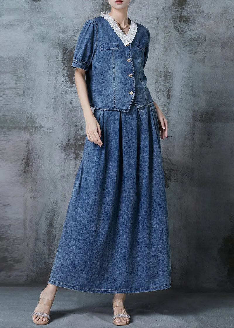 Blue V Neck Patchwork Denim Two Pieces Set Fall