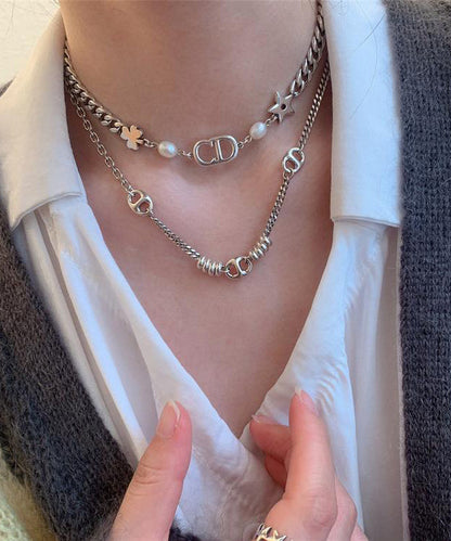 Gold Stainless Steel Chain Linked Patchwork Pendant Necklace