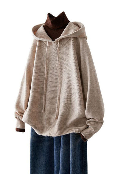 Beige Hooded Drawstring Knit Sweatshirts Top Spring