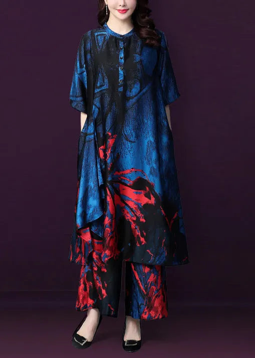 Blue Print Silk Dress and Wide Leg Pants Two Piece Set Outfits Stand Collar Button Summer
