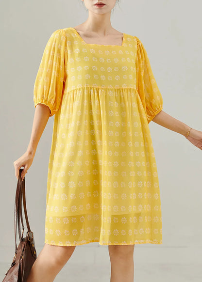 Yellow Square Collar Print Cotton Tea Dress Summer
