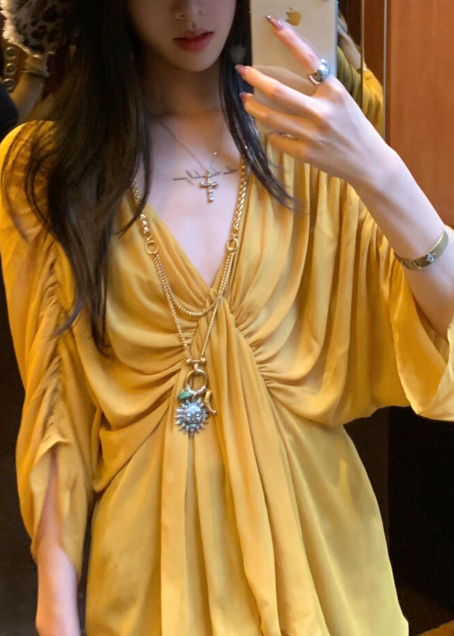 Yellow V Neck Wrinkled Shirt Batwing Sleeve