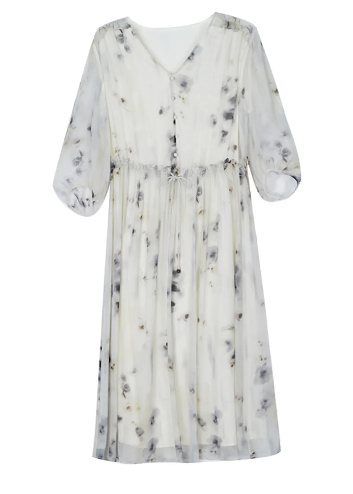 Classy Print V Neck Ruffled Drawstring Silk Dresses Summer