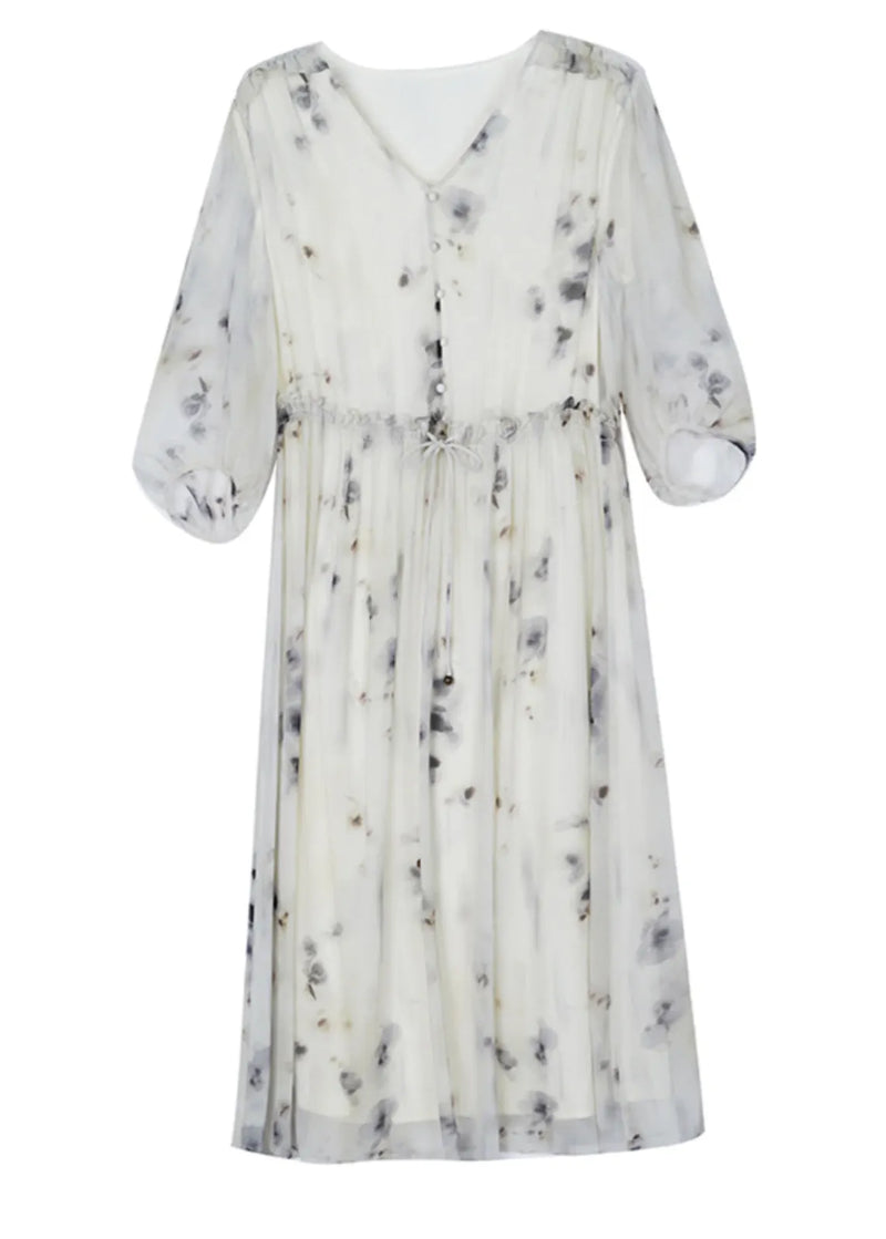 Classy Print V Neck Ruffled Drawstring Silk Dresses Summer