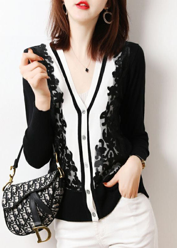 Black V Neck Tulle Patchwork Knit Tops Long Sleeve