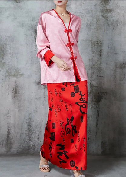 Pink Print Silk Oriental Two Pieces Set Spring