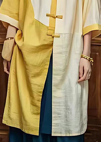 Light Yellow Chinese Button Patchwork Linen Dresses Summer