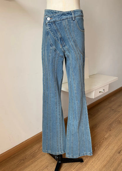 Blue Asymmetrical Design Pockets Denim Flared Trousers Fall