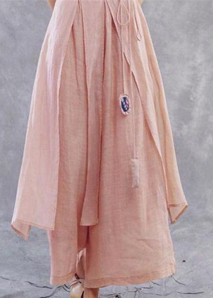 Pink Tie Waistasymmetrical Linen Wide Leg Pants Spring