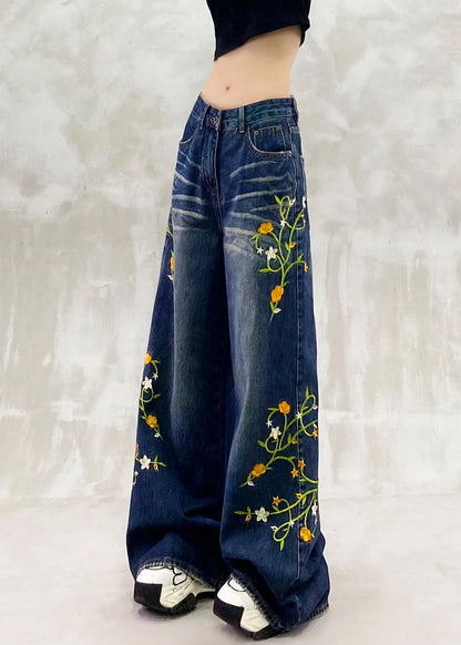 Blue Embroidered Pockets Patchwork Denim Pants Fall