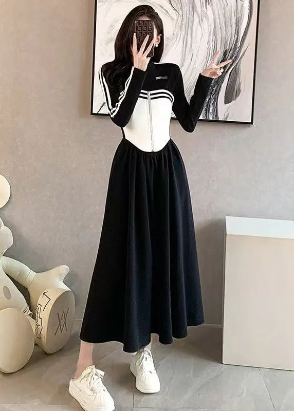 Italian Black Wrinkled Patchwork False Two Pieces Cotton Dress Spring