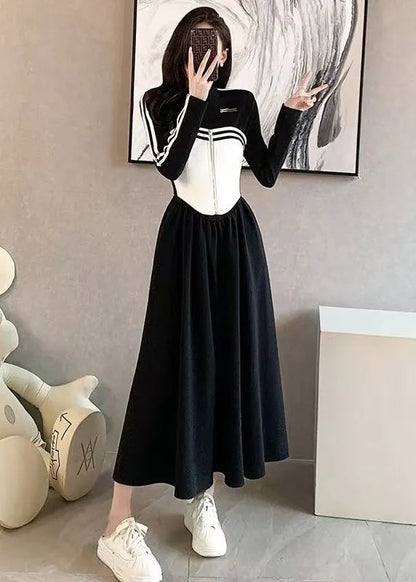Italian Black Wrinkled Patchwork False Two Pieces Cotton Dress Spring