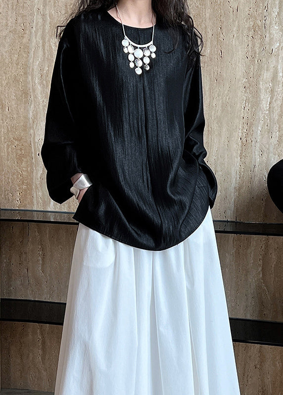 Boutique Simple Black O Neck Silk Shirts Long Sleeve