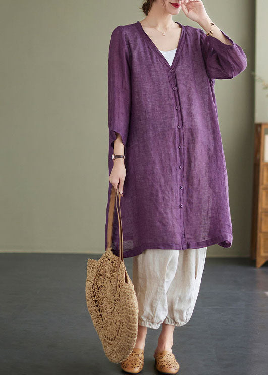 Purple V Neck Oversized Linen Long Cardigan Bracelet Sleeve