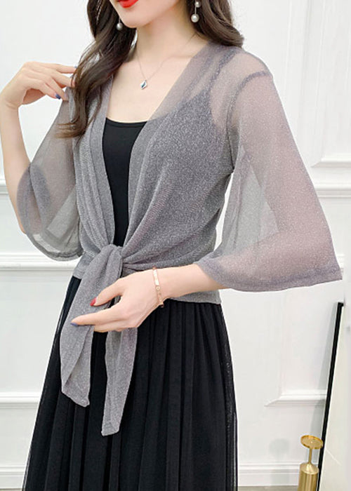 Loose Grey V Neck Lace Up Tulle Cardigans Half Sleeve Spring
