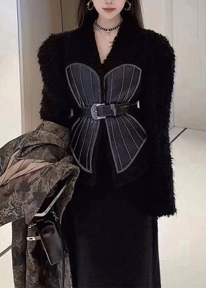 French Black V Neck Tie Waist Patchwork Leather and Fur Coats Spring