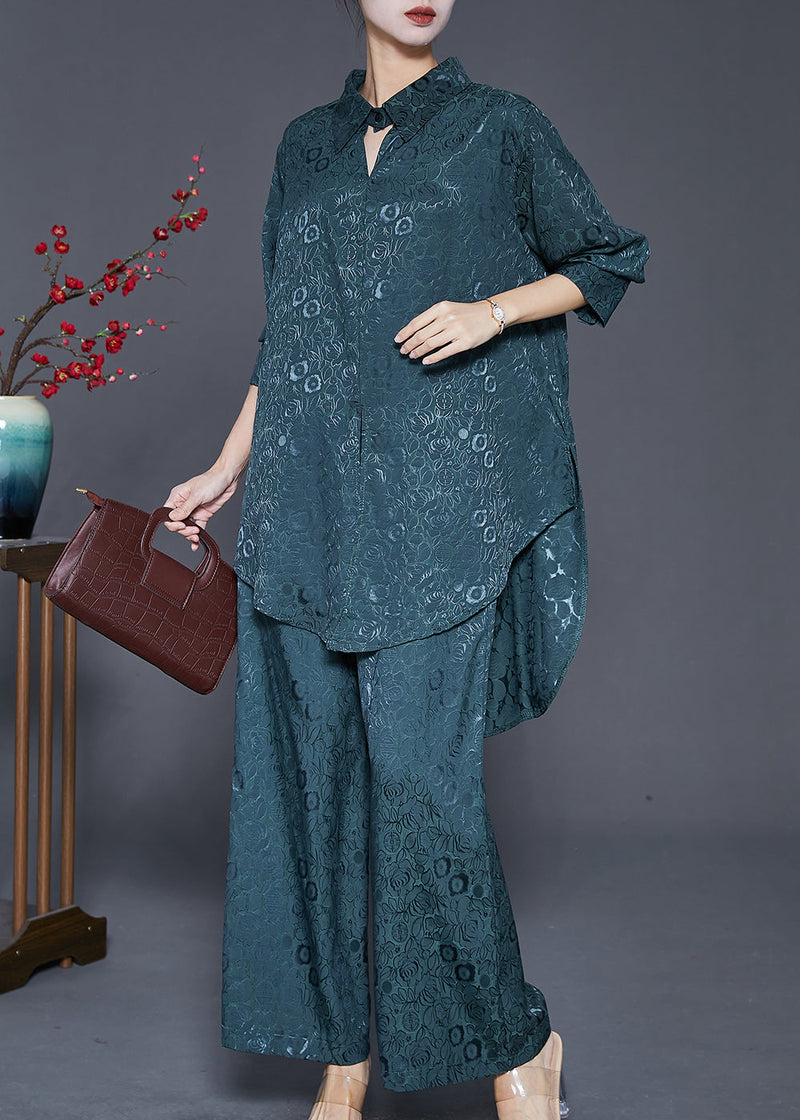 Blackish Green Peter Pan Collar Jacquard Silk Two Pieces Set Fall