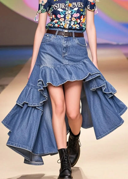 Blue Ruffles Low High Design Denim Holiday Skirts Spring