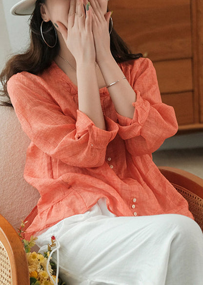 Orange O-neck Ruffled Linen Tops Long Sleeve