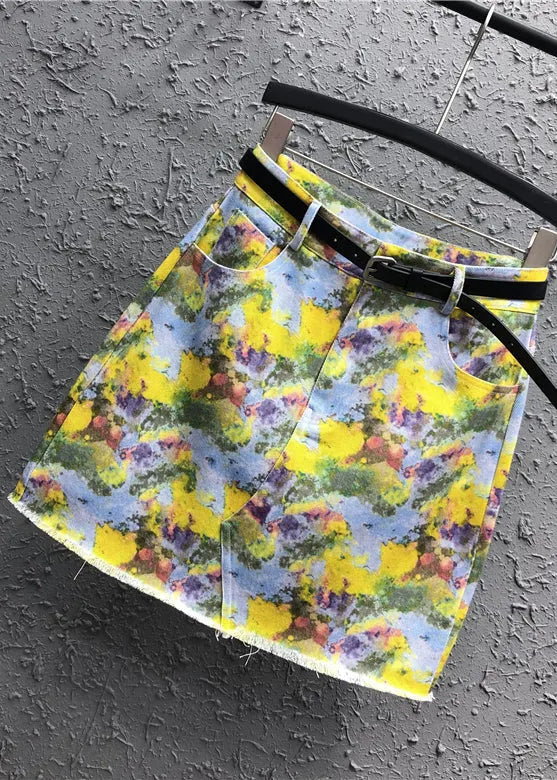 Handmade Yellow Print Pockets Patchwork Denim Skirt Summer