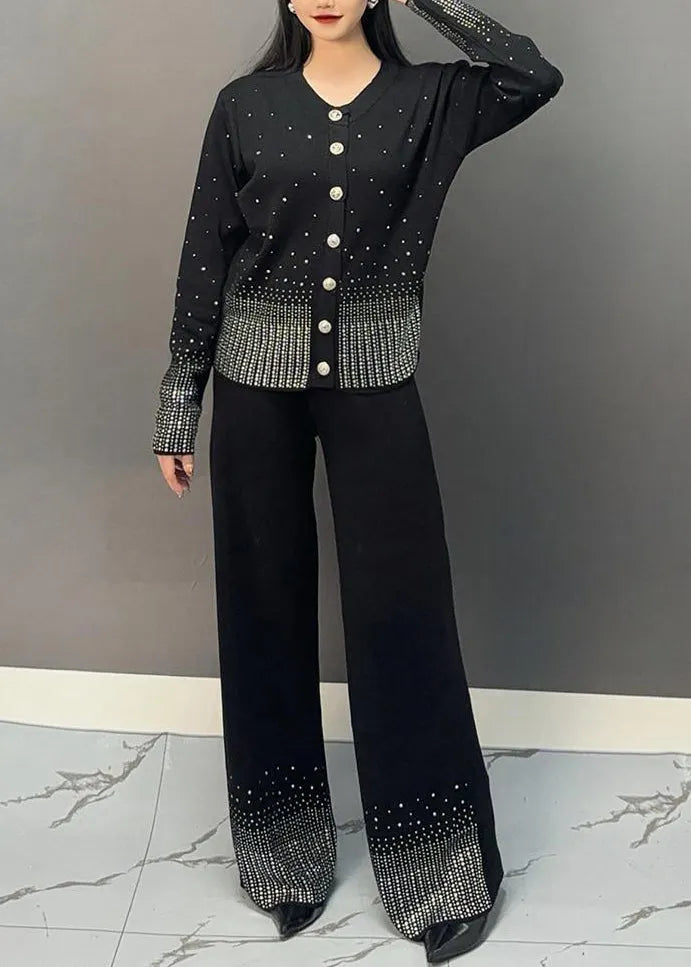 Classy Black V Neck Dot Print Knit Top and Wide Leg Pants Two Pieces Set Spring