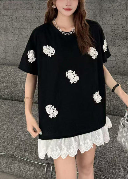 White Flower Decorated Oversized Patchwork Lace Tanks Summer