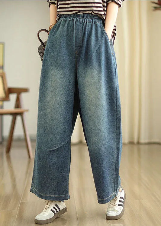 Blue Pockets Elastic Waist Denim Wide Leg Pants Spring