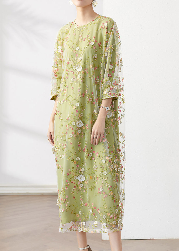 Original Green O-neck Embroideried Patchwork Tulle Dress Fall