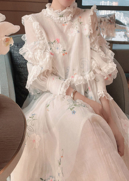Fitted White Printing Shirts and Maxi Skirts Two Pieces Set Spring