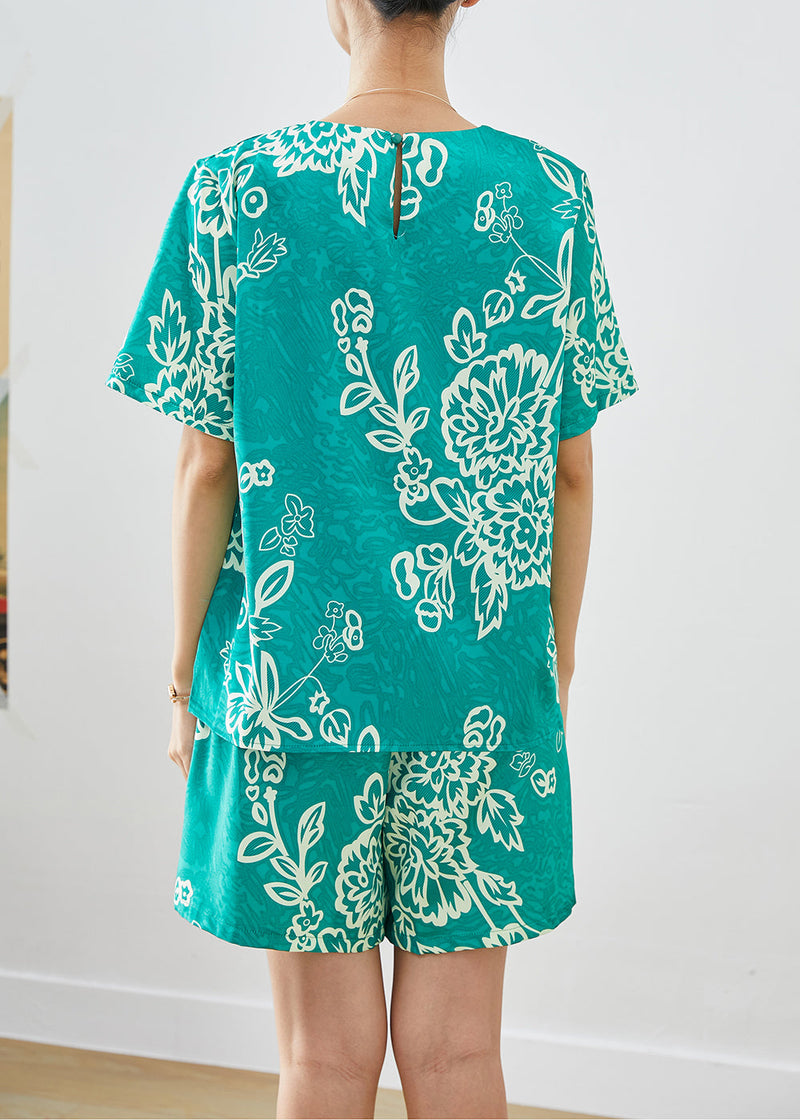 Art Green O-neck Oversized Print Silk Two Pieces Set Summer