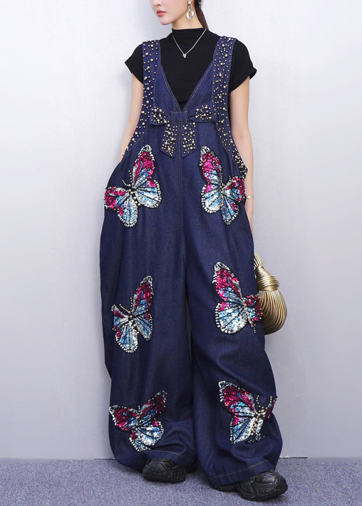 Navy Oversized Butterfly Sequins Denim Jumpsuits Spring