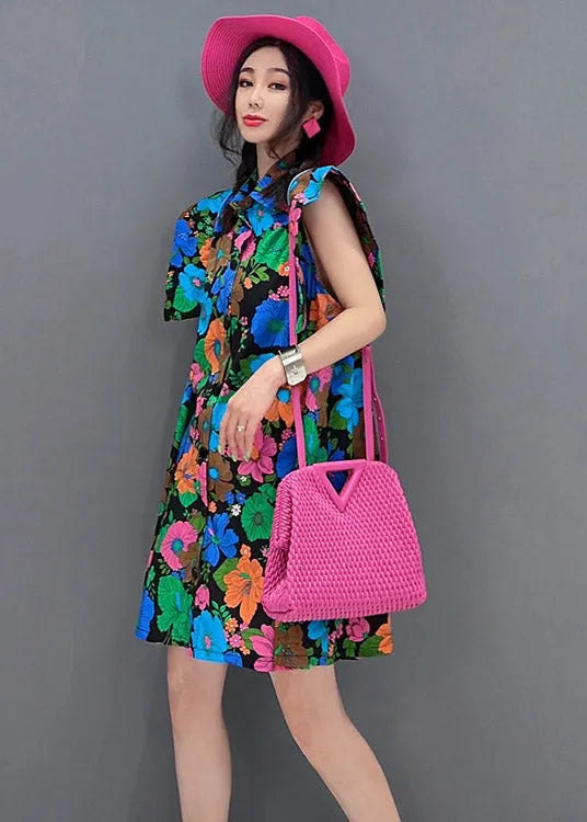 Red Peter Pan Collar Print Button Mid Dress Short Sleeve